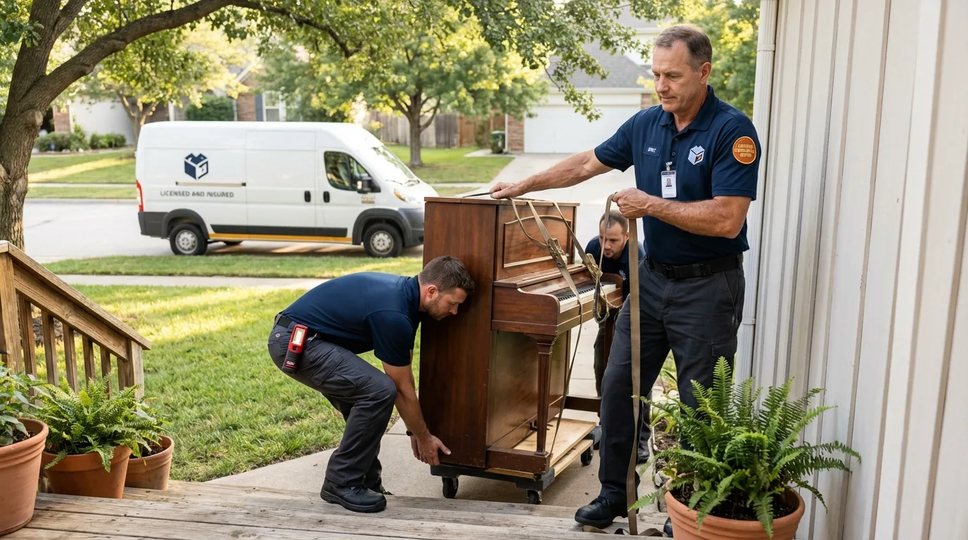 Licensed piano movers securing grand piano in Stephens City, VA