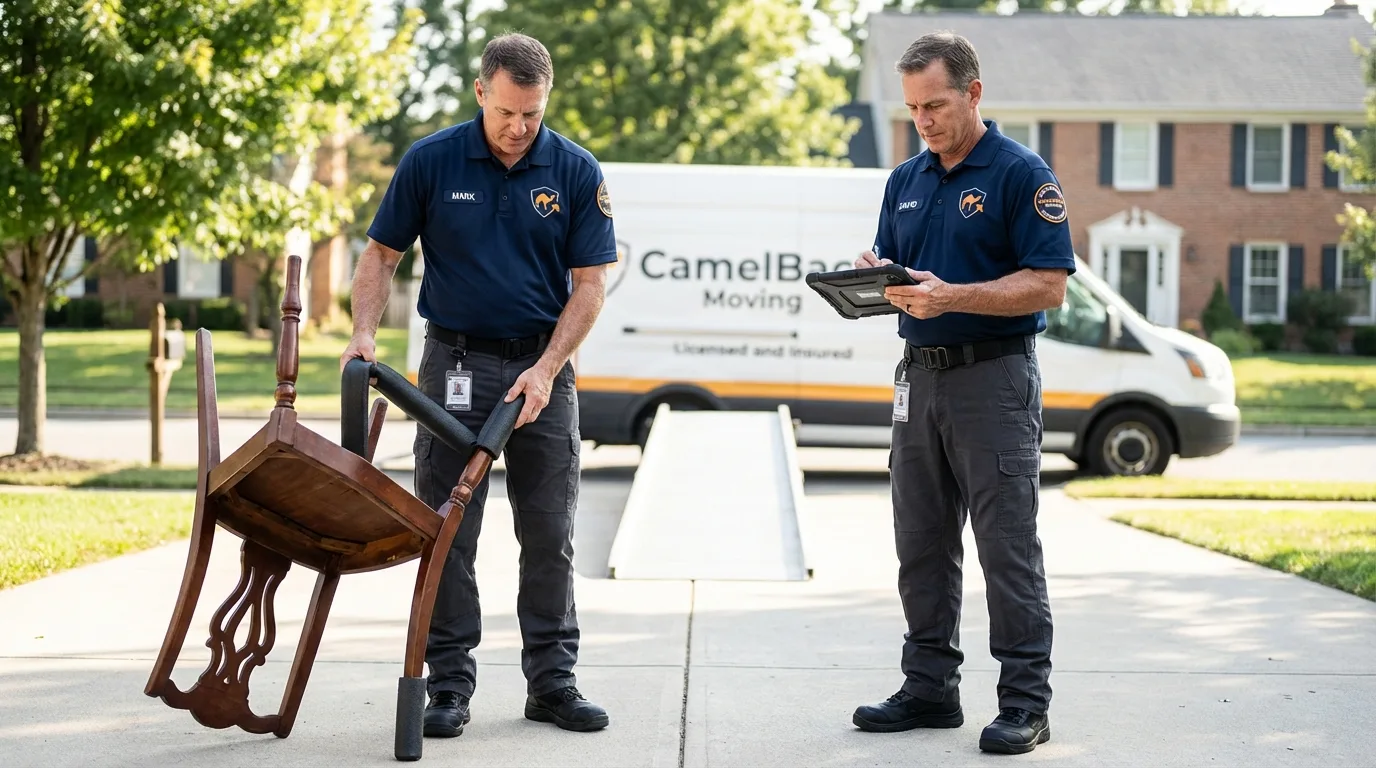 Movers inspecting furniture for damage prevention before loading in Stephens City, VA