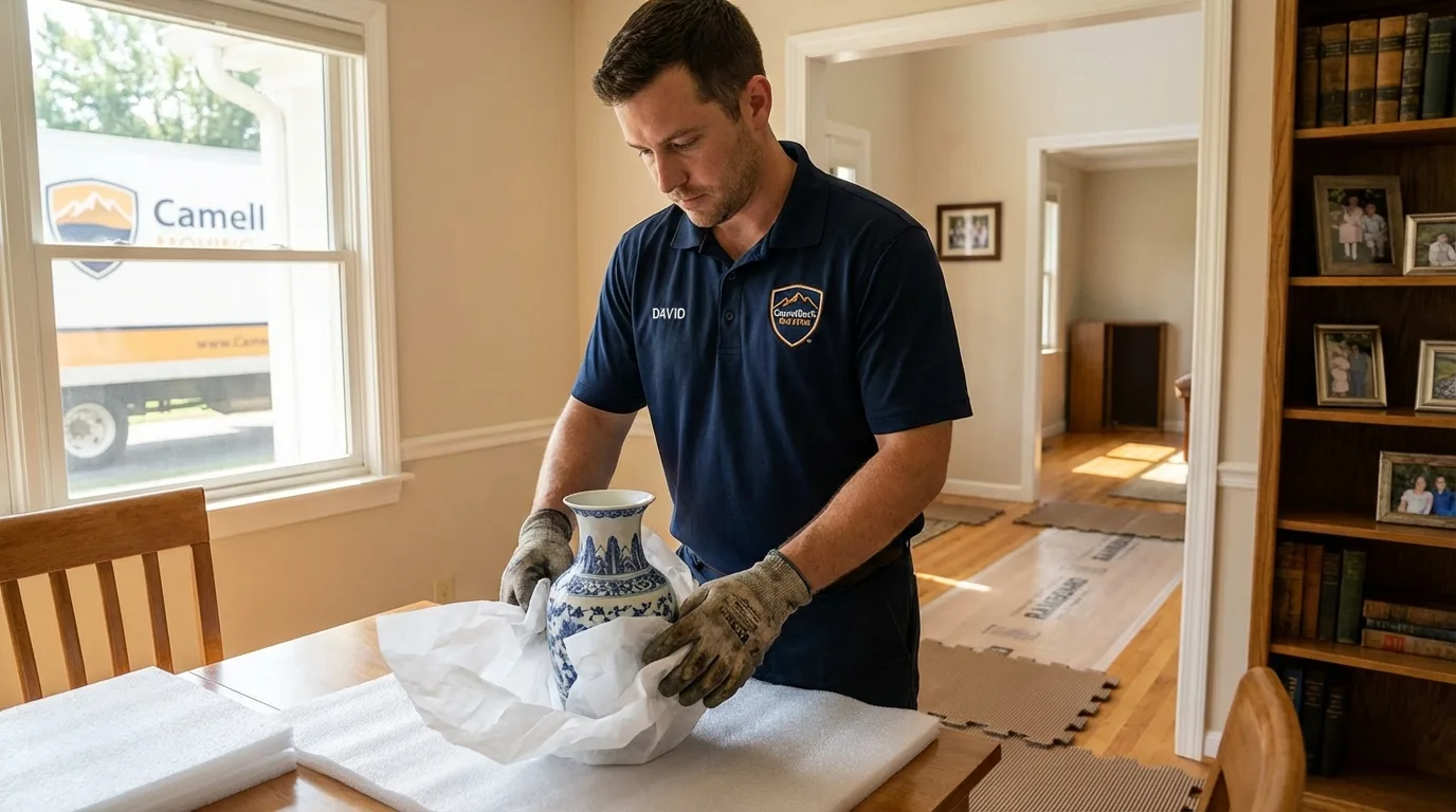 Professional crew carefully wrapping antique vase for senior downsizing move in Stephens City, VA